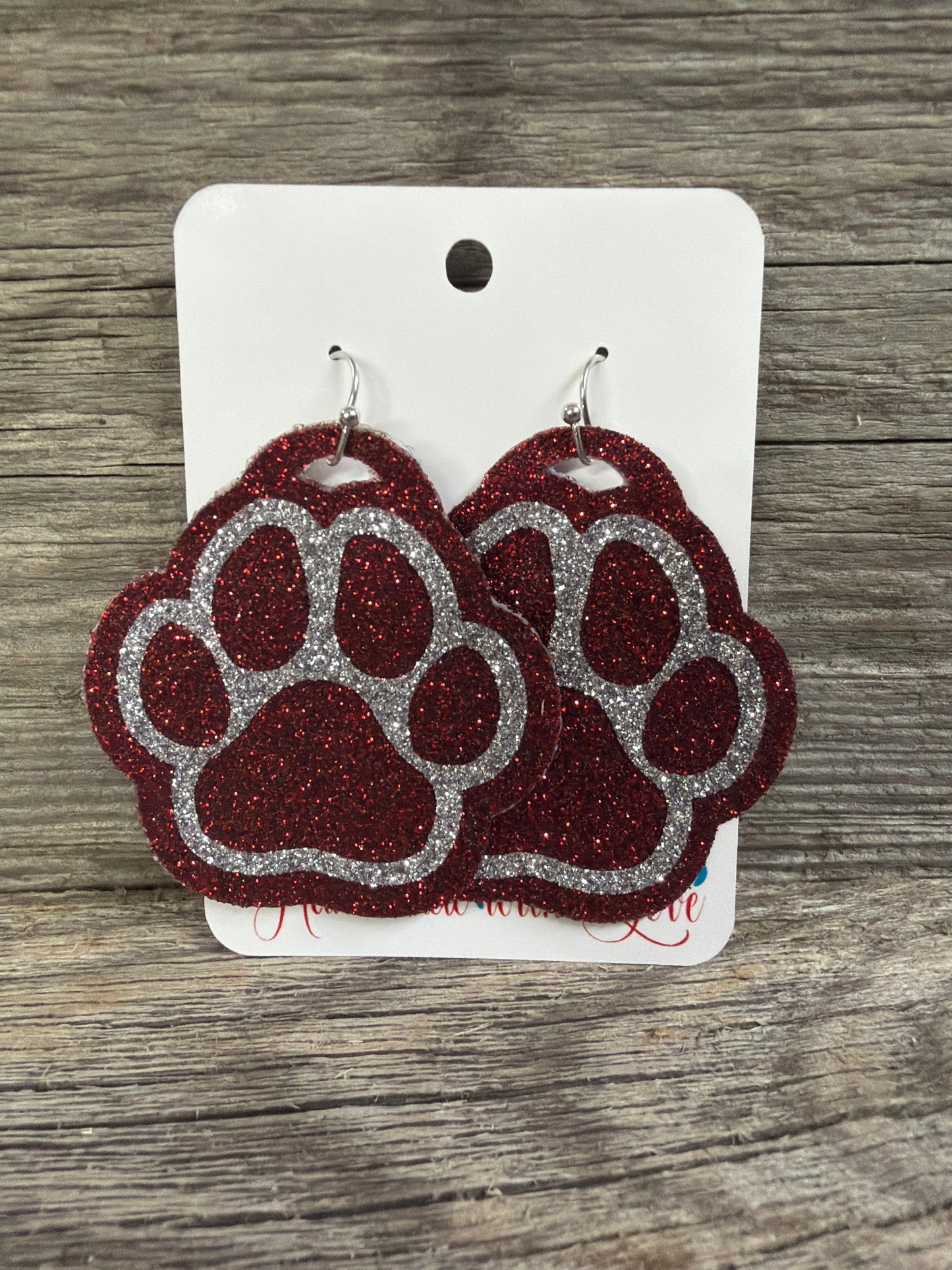 Small, Medium and Large Sparkly ✨ Maroon and Silver Paw 🐾 Print Dangle Earrings!