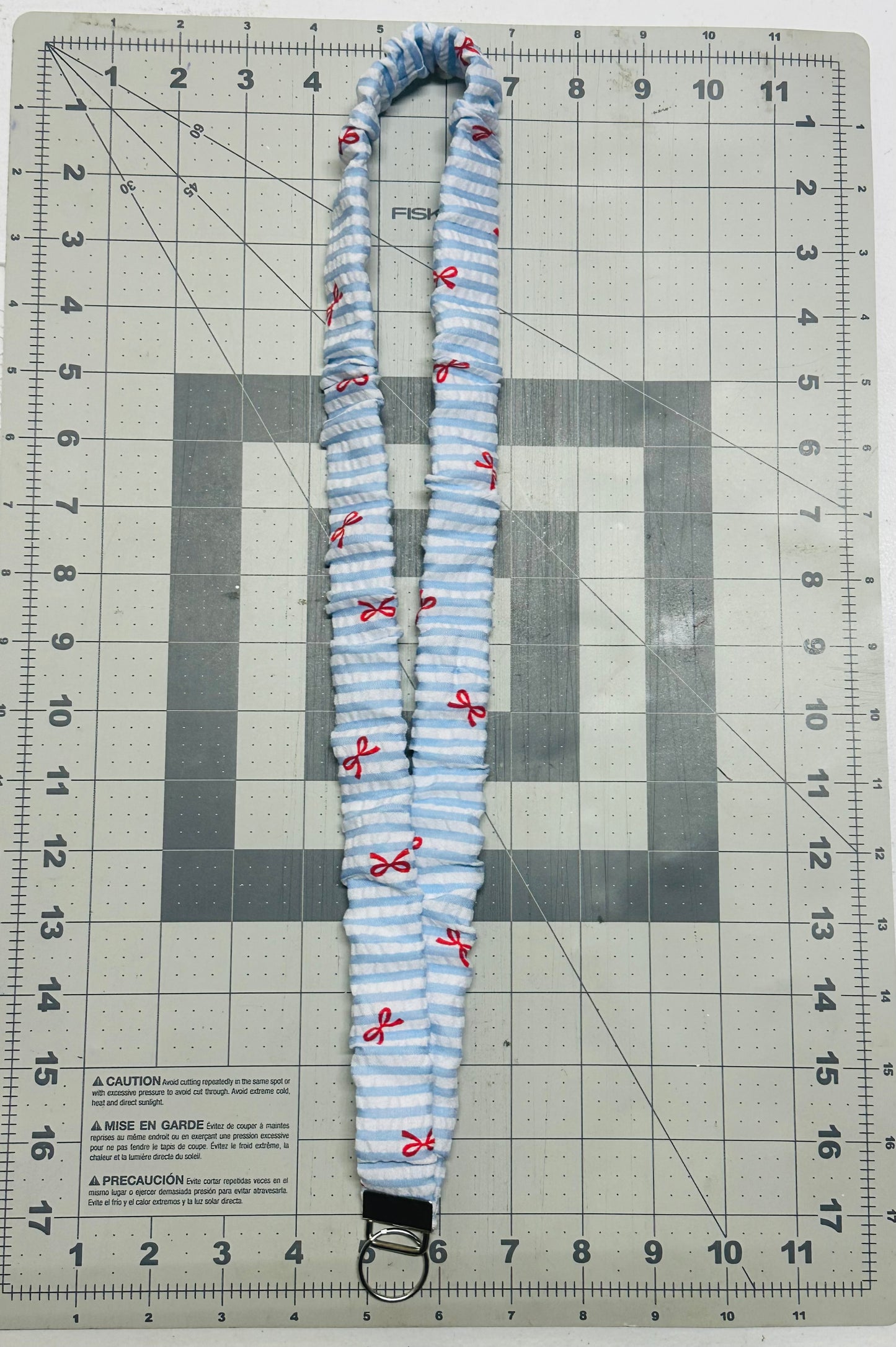 Light Blue Lines and Red Bows  Scrunchie Lanyard