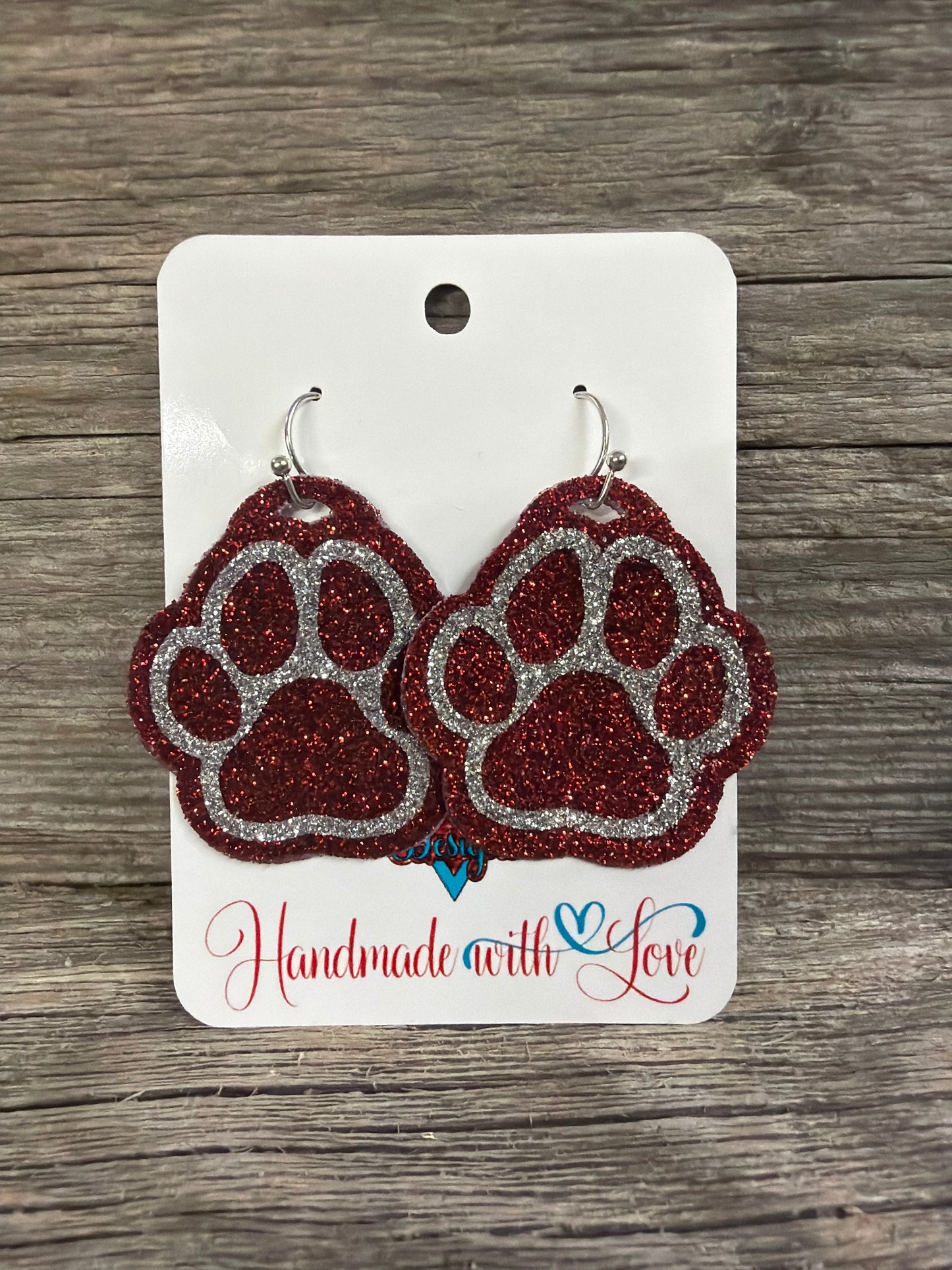 Small, Medium and Large Sparkly ✨ Maroon and Silver Paw 🐾 Print Dangle Earrings!