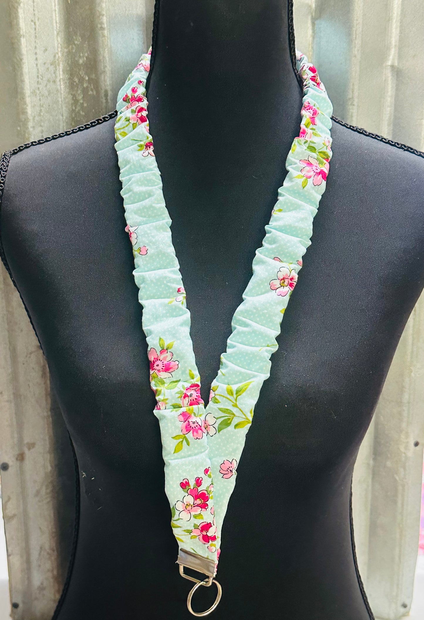 Light blue with pastel florals Scrunchie Lanyard