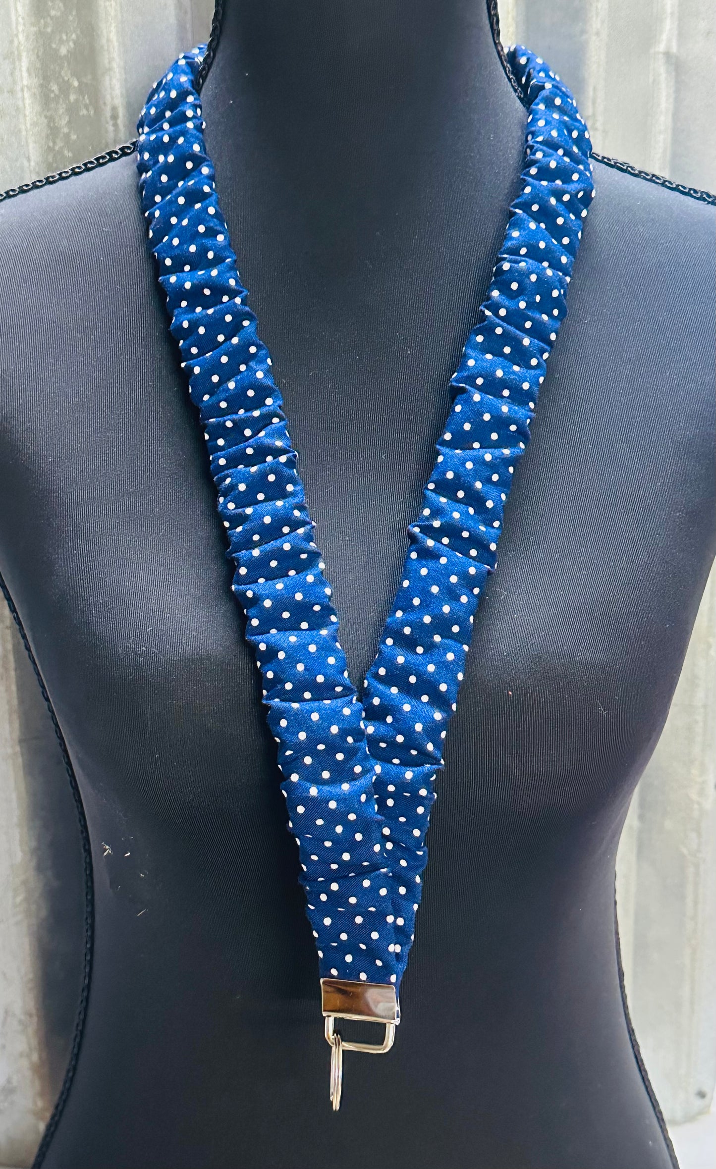 Navy Blue with White Polkadots Scrunchie Lanyard