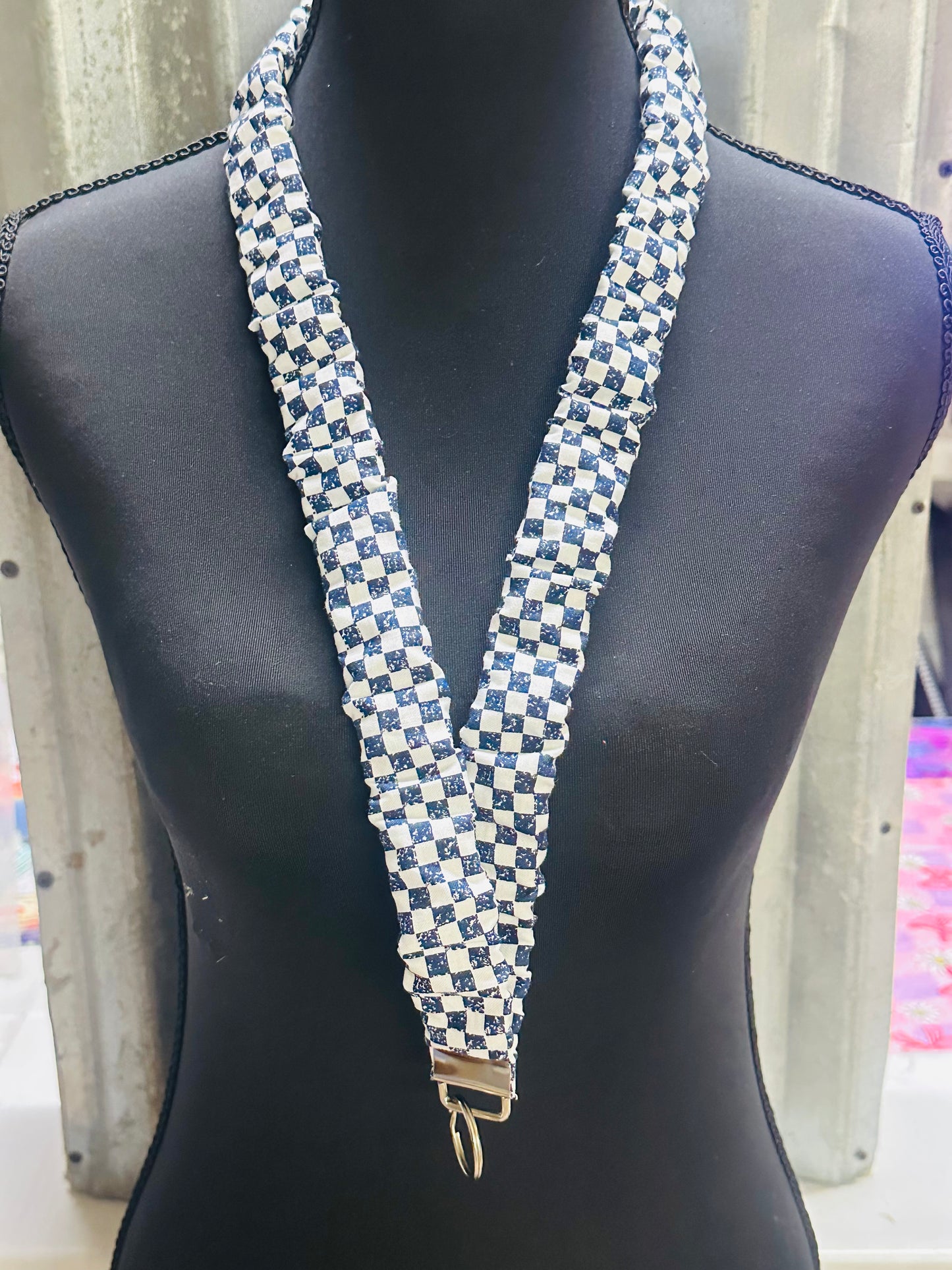 Navy Blue and White Checkered Scrunchie Lanyard