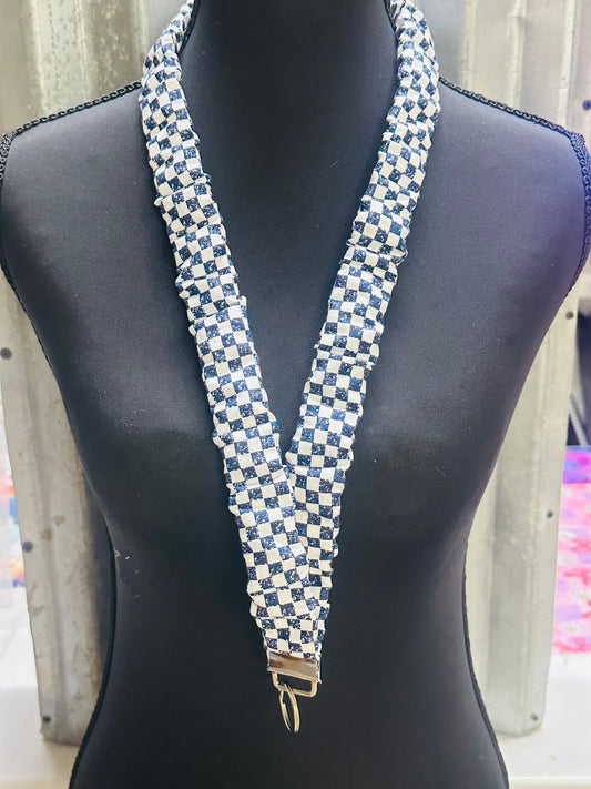 Navy Blue and White Checkered Scrunchie Lanyard