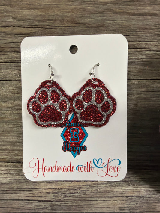 Small, Medium and Large Sparkly ✨ Maroon and Silver Paw 🐾 Print Dangle Earrings!
