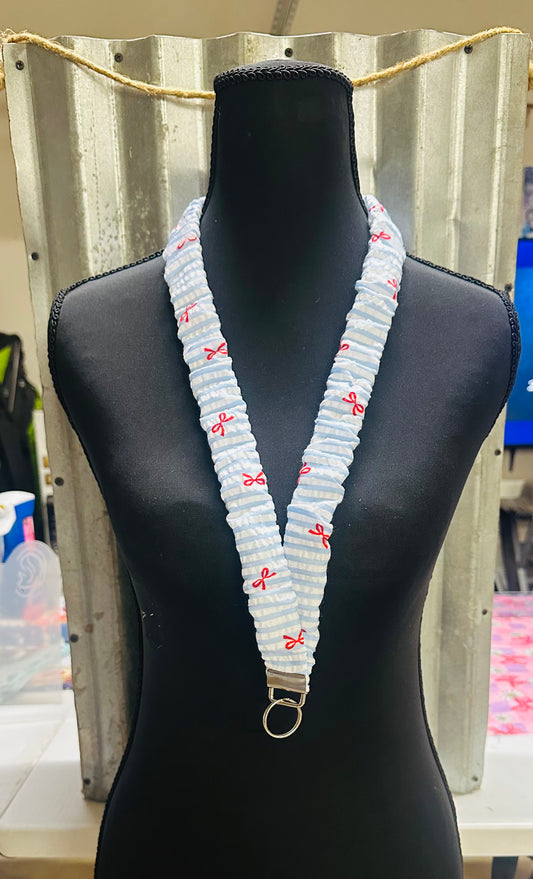Light Blue Lines and Red Bows  Scrunchie Lanyard